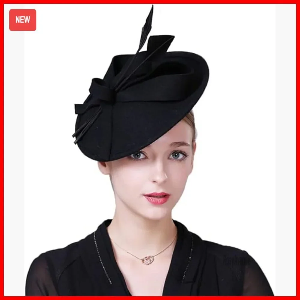 Wool Felt Fedora Hat Adjustable Fit Feathers Elegant Wedding Church Festival